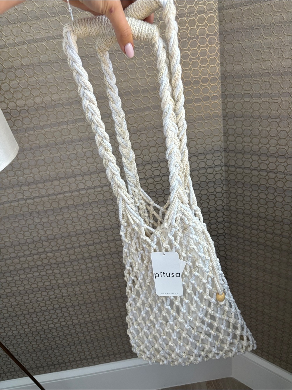 Pitusa Cream Knotted Mesh Tote with Braided Handles